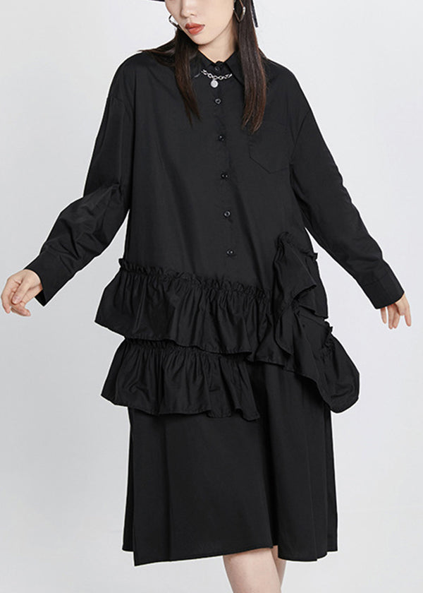 Plus Size Black Solid Peter Pan Collar Ruffles Patchwork Shirt Dress Long Sleeve