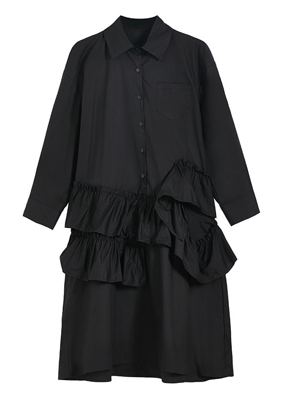 Plus Size Black Solid Peter Pan Collar Ruffles Patchwork Shirt Dress Long Sleeve