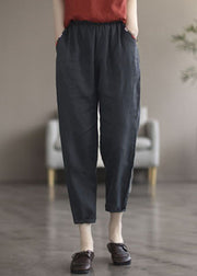 Plus Size Black Solid Pockets Linen Crop Pants Summer