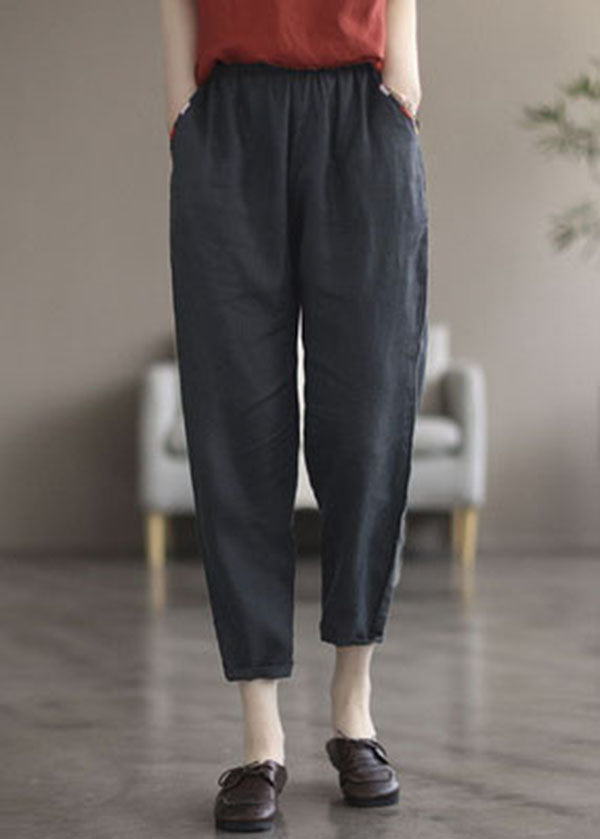 Plus Size Black Solid Pockets Leinen Crop Pants Sommer