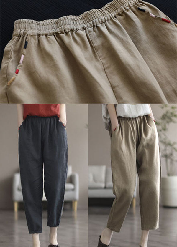 Plus Size Black Solid Pockets Linen Crop Pants Summer