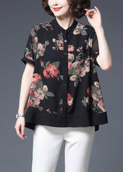 Plus Size Black Stand Collar Button wrinkled Print Chiffon Shirts Short Sleeve