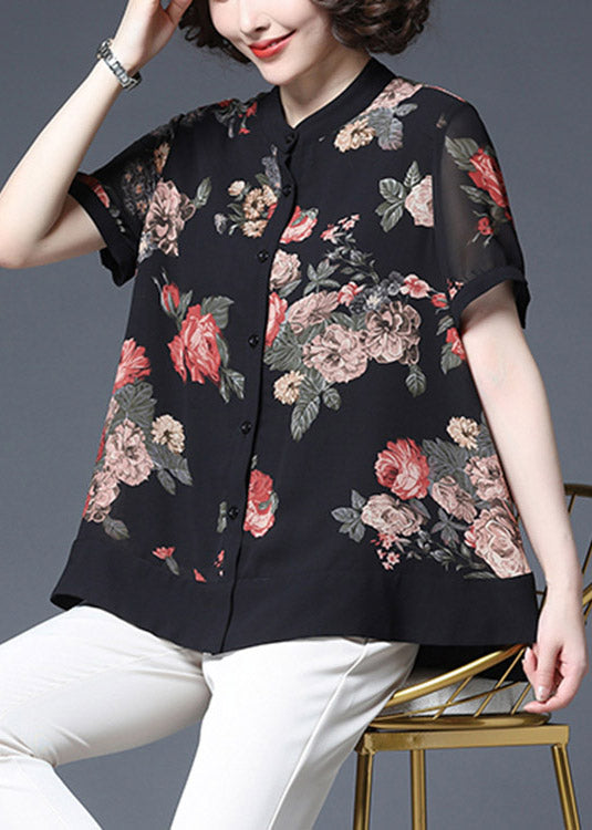 Plus Size Black Stand Collar Button wrinkled Print Chiffon Shirts Short Sleeve