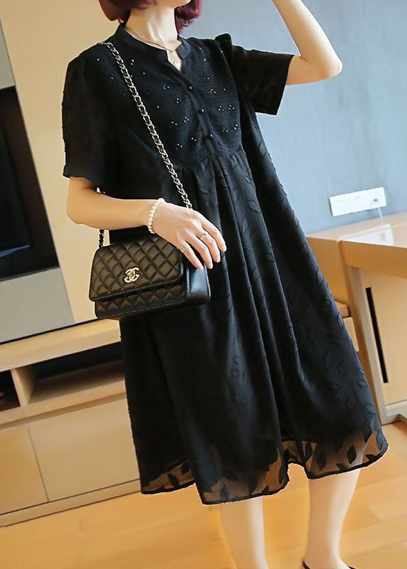 Plus Size Black Stand Collar Patchwork Jacquard Chiffon Maxi Dresses Summer