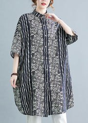 Plus Size Black Stand Collar Print Linen Shirt Dress Summer