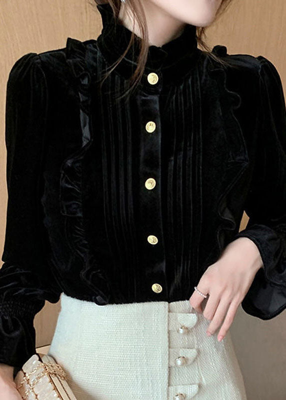 Plus Size Black Stand Collar Ruffled Wrinkled Solid Silk Velour Shirts Long Sleeve