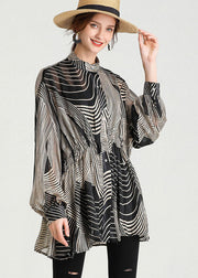 Plus Size Black Stand Collar Striped Chiffon Cinch Blouse Tops Long Sleeve