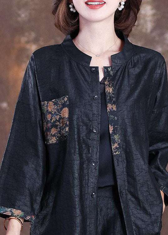 Plus Size Black Stand Collar Wrinkled Patchwork Silk Coats Bracelet Sleeve