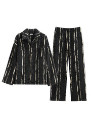 Plus Size Black Striped Patchwork Button Velour Pajamas Two Piece Set Spring
