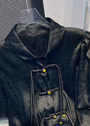 Plus Size Black Tassel Button Satin Shirt Puff Sleeve