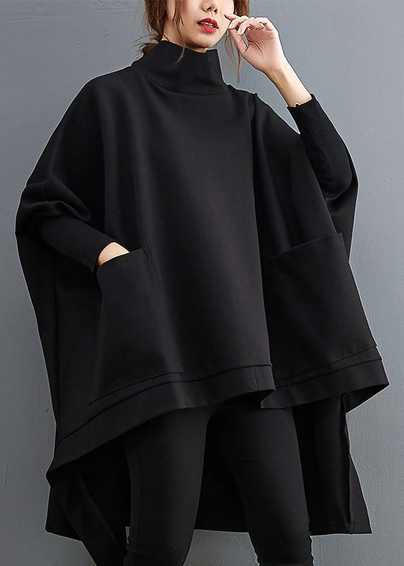 Plus Size Black Turtleneck Asymmetrical Pockets Low High Design Cotton Pullover Long Sleeve