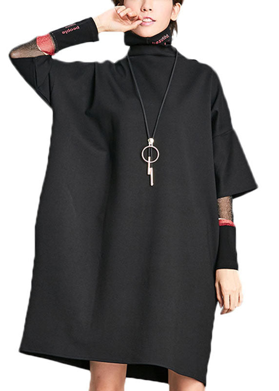 Plus Size Black Turtleneck Pockets  Fall Half Sleeve Maxi Dress