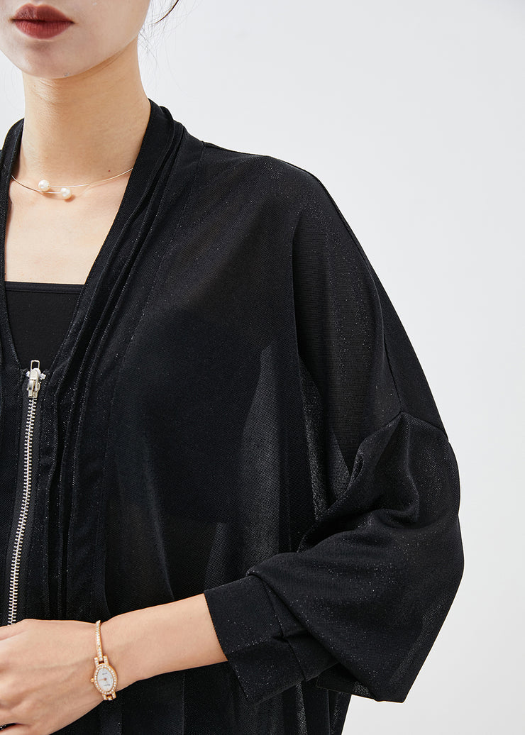 Plus Size Black V Neck Drawstring Wrinkled UPF 50+ Coat Fall