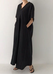 Plus Size Black V Neck Oversized Linen Long Dress Short Sleeve