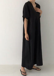 Plus Size Black V Neck Oversized Linen Long Dress Short Sleeve