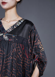 Plus Size Black V Neck Patchwork Print Silk Dress Fall