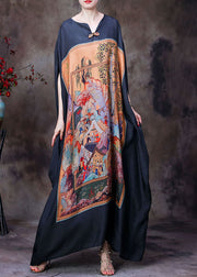 Plus Size Black V Neck Print Party Long Dress For Women Batwing Sleeve