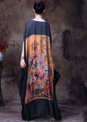 Plus Size Black V Neck Print Party Long Dress For Women Batwing Sleeve