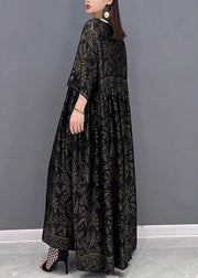 Plus Size Black V Neck Print Silk Long Dress Short Sleeve