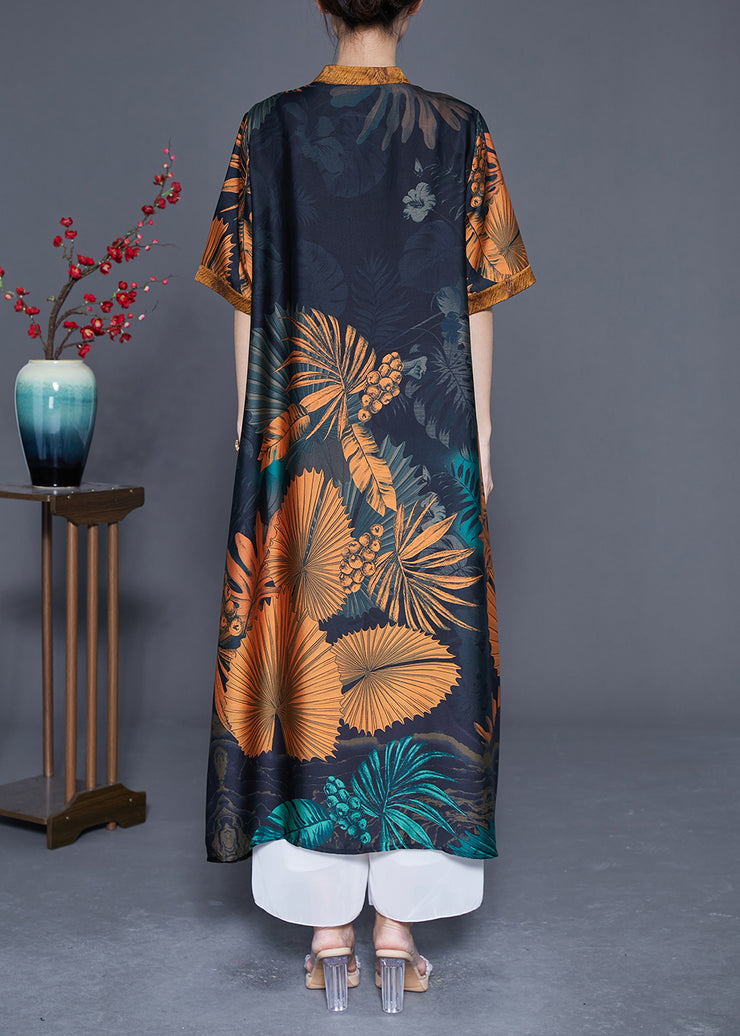 Plus Size Black V Neck Print Silk Long Dress Summer
