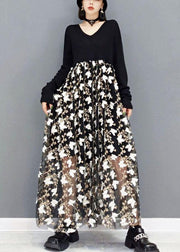 Plus Size Black V Neck Print Vacation Dresses Fall Long Sleeve - SooLinen