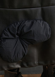 Plus Size Black V Neck Stereoscopic Floral Faux Leather Long Dress Winter