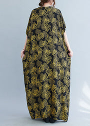 Plus Size Black V Neck Yellow Print Cotton Vacation Dresses Caftan Batwing Sleeve