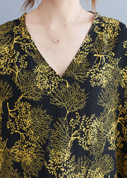 Plus Size Black V Neck Yellow Print Cotton Vacation Dresses Caftan Batwing Sleeve