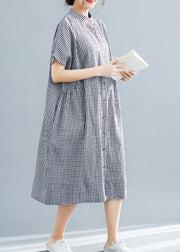 Plus Size Black White Plaid Cotton Pockets Summer Dress - SooLinen