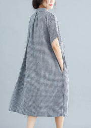 Plus Size Black White Plaid Cotton Pockets Summer Dress - SooLinen