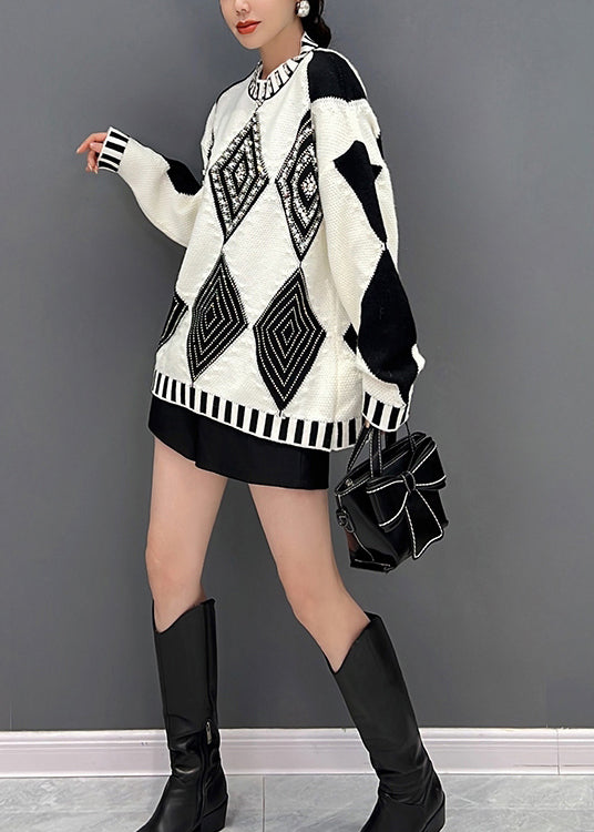 Plus Size Black White Plaid O-Neck Knit Sweaters Fall