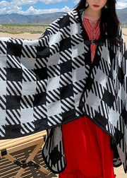 Plus Size schwarz-weiß karierte Kaschmir-Strickjacke mit V-Ausschnitt und langen Ärmeln