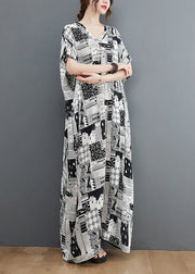 Plus Size Schwarz Weiß Print V-Ausschnitt Strand Langes Kleid Kurzarm