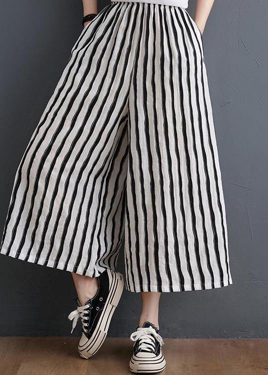 Plus Size Black White Striped Wide Leg Pants Summer Cotton - SooLinen