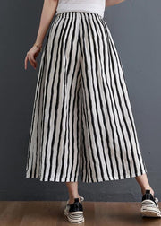 Plus Size Black White Striped Wide Leg Pants Summer Cotton - SooLinen