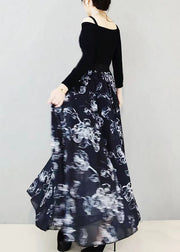Plus Size Black Wrinkled Print Exra Large Hem Chiffon Skirts Summer