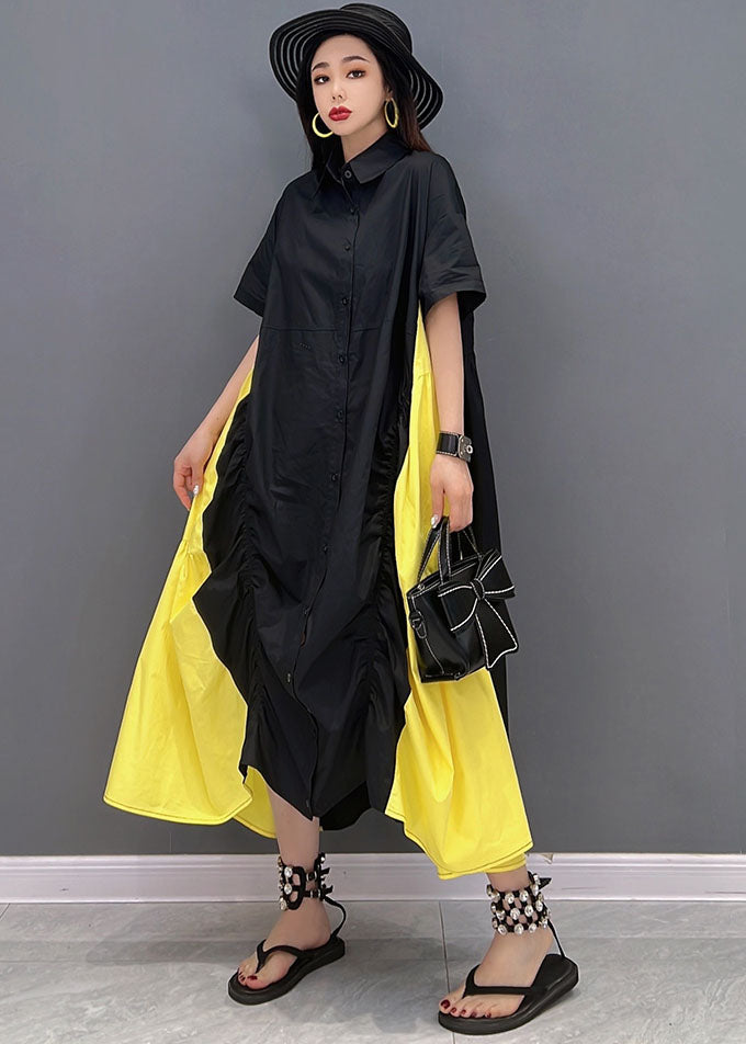 Plus Size Black Yellow Colorblock Peter Pan Collar Wrinkled Cotton Shirt Dress Short Sleeve