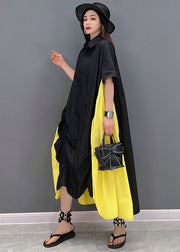 Plus Size Black Yellow Colorblock Peter Pan Collar Wrinkled Cotton Shirt Dress Short Sleeve