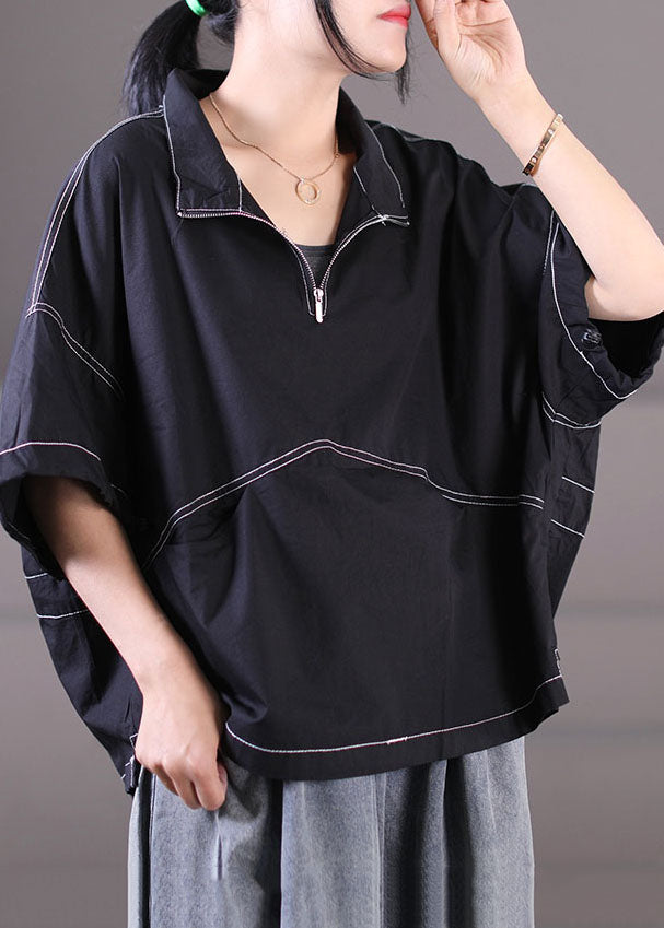 Plus Size Schwarzes Baumwoll-Sweatshirt mit Reißverschluss und Kordelzug, Streetwear, kurzärmlig