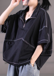 Plus Size Black Zip Up Drawstring Cotton Sweatshirt Streetwear Short Sleeve