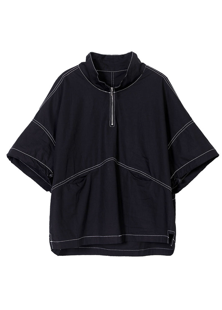 Plus Size Black Zip Up Drawstring Cotton Sweatshirt Streetwear Short Sleeve