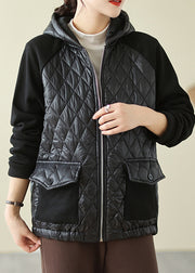 Plus Size Black Zip Up Pockets Fine Cotton Filled Hooded Coat Winter