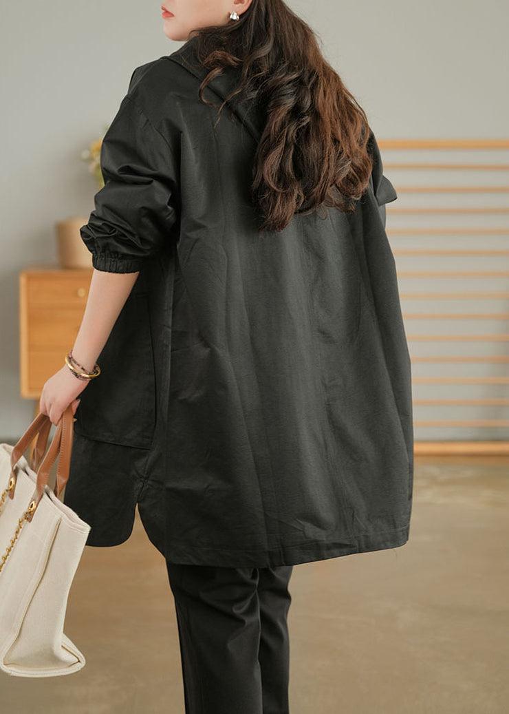 Plus Size Black Zip Up Solid Color Cotton Trench Coats Fall