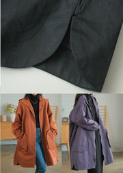 Plus Size Black Zip Up Solid Color Cotton Trench Coats Fall