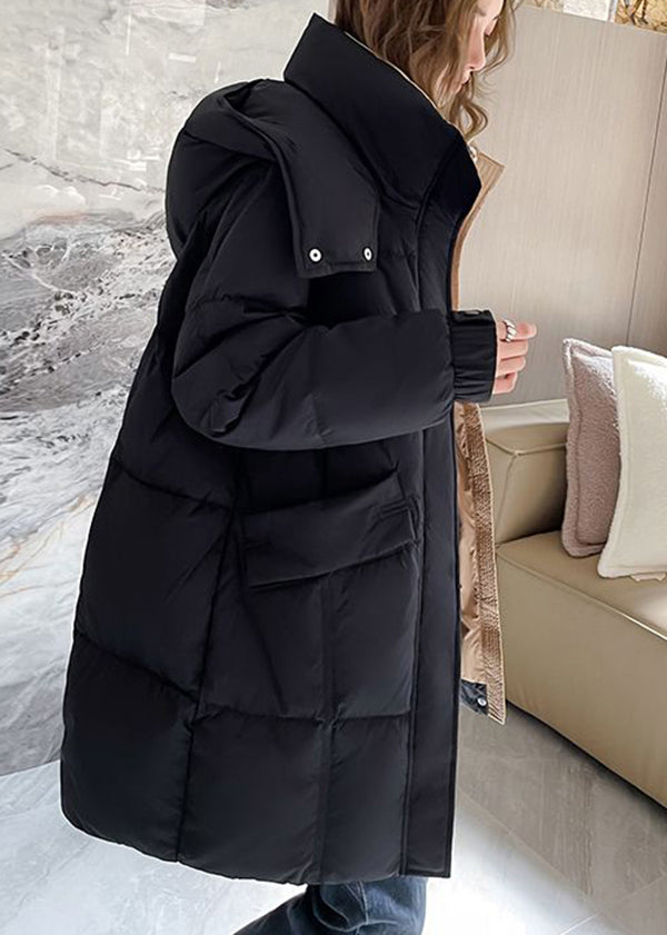 Plus Size Black Zippered Hooded Pockets Duck Down Coat Winter