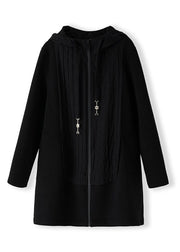 Plus Size Black Zippered Patchwork Thick Hoodies Coats Fall