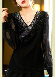 Plus Size Black Zircon Lace Patchwork Cotton Knit Top Long Sleeve