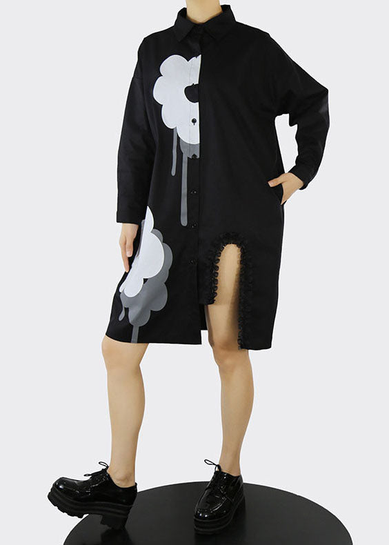 Plus Size Schwarzes asymmetrisches Design Rüschenhemd Kleider Frühling