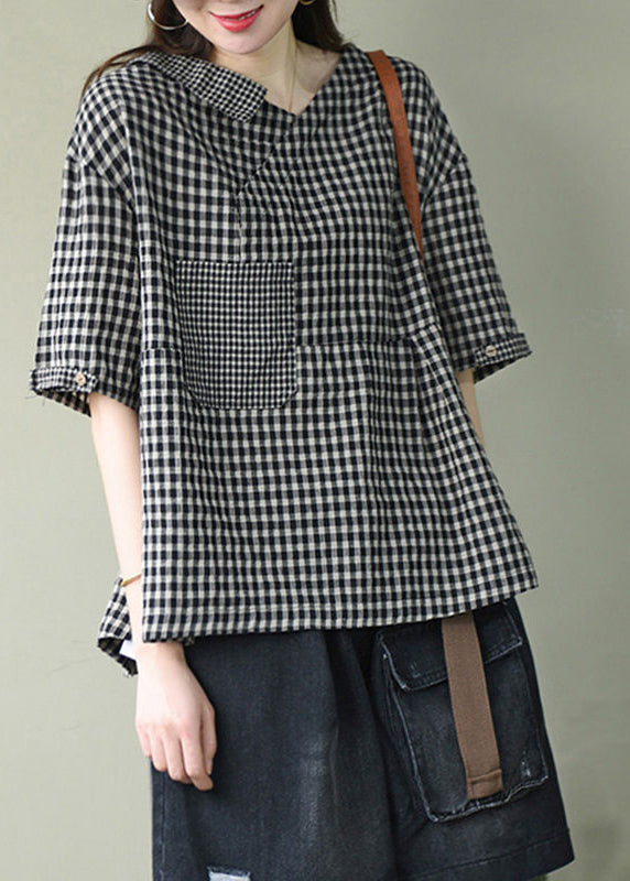 Plus Size Black asymmetrical design V Neck Linen Tops Short Sleeve