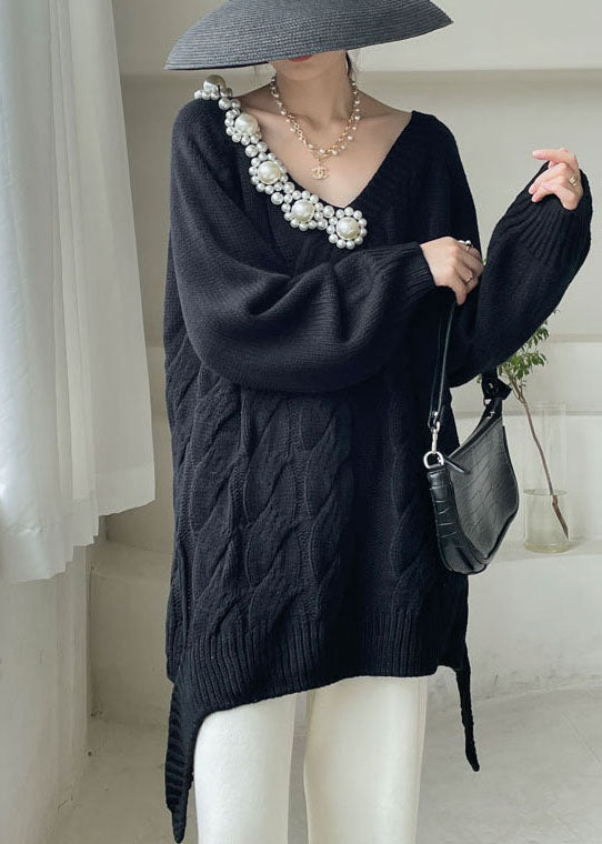 Plus Size Black cozy Knit Short Sweater V Neck Winter